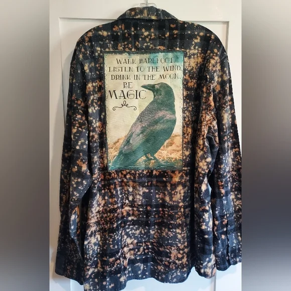 Angry Minnow Bleach Splatter Flannel Shirt Raven Graphic Boho Grunge Witchy XXL - Picture 9 of 16